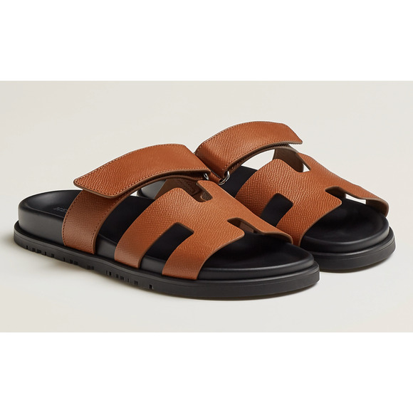 Hermes Chypre Sandal Natural Brown Gold Black H Logo Slide Slip On Flat 37.5 - Picture 2 of 12